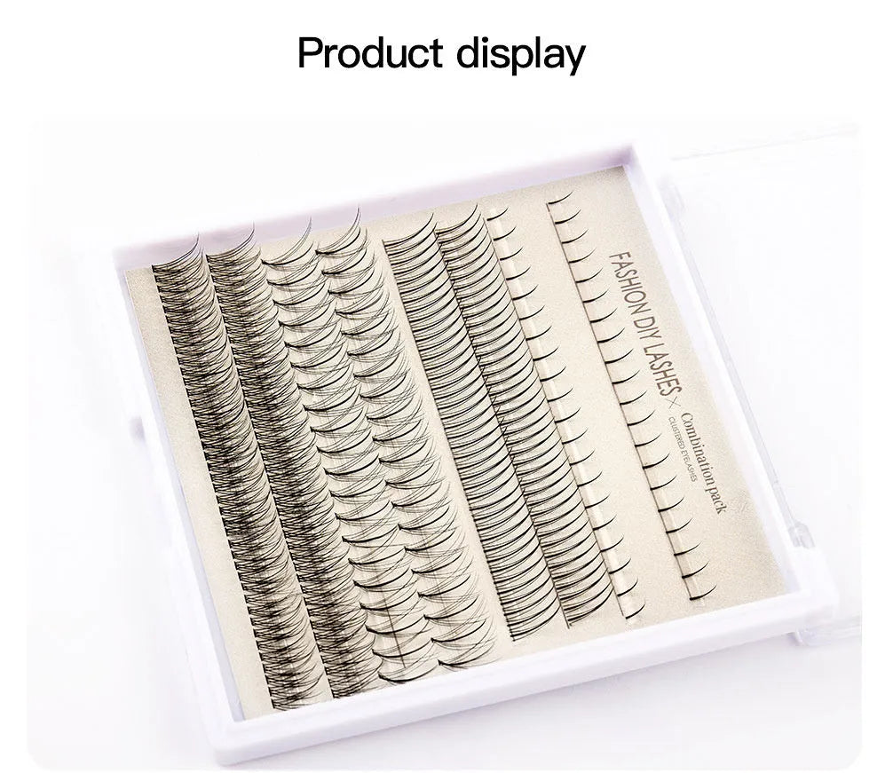 Single-cluster false eyelash kit with artificial fibre lashes, pink glue, and tweezers brush on white background