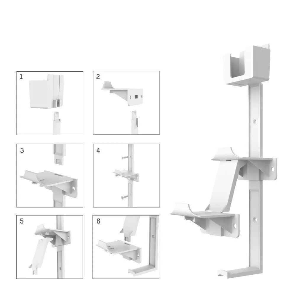 White self-adhesive wall hook holding a black gaming controller and headset.