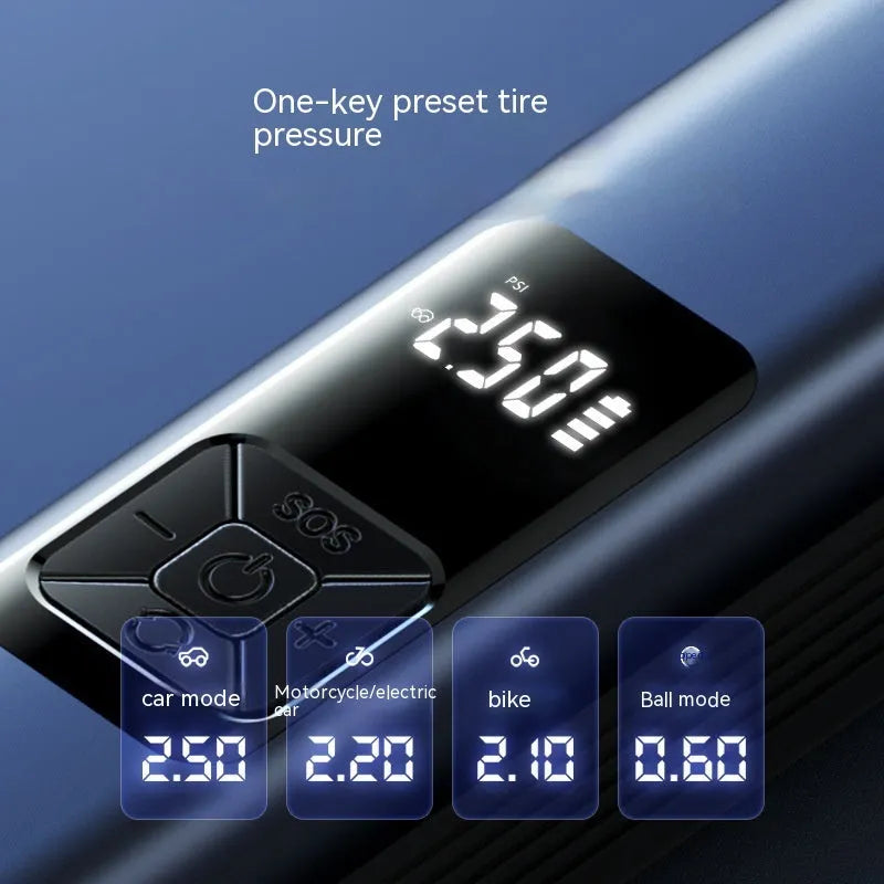 Wireless digital display car air pump and vacuum cleaner with LED light, Type-C port, and storage bag.