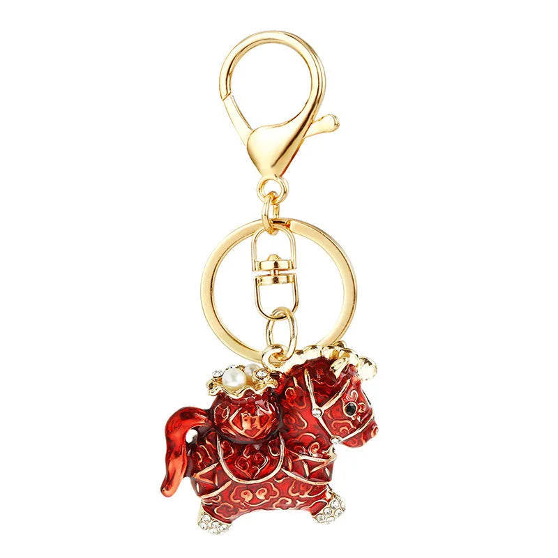 Chinese style alloy diamond-embedded fortune car key ring in red with lucky rope design