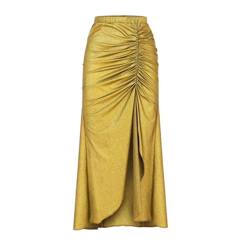 Women's yellow split high-waist bikini set with ruffled skirt laid flat