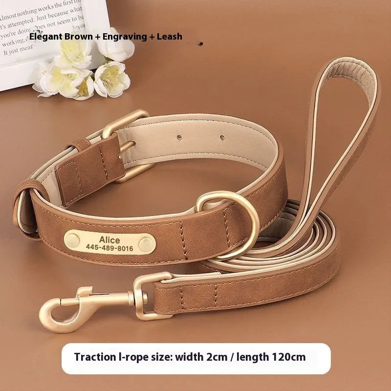 Double-layer leather dog collar and lead set in rose red, brown, or blue colours