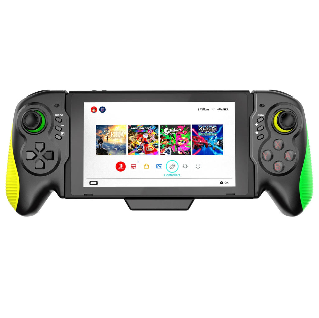 Yellow-green ABS plastic game controller with in-line grip design for Switch and PC
