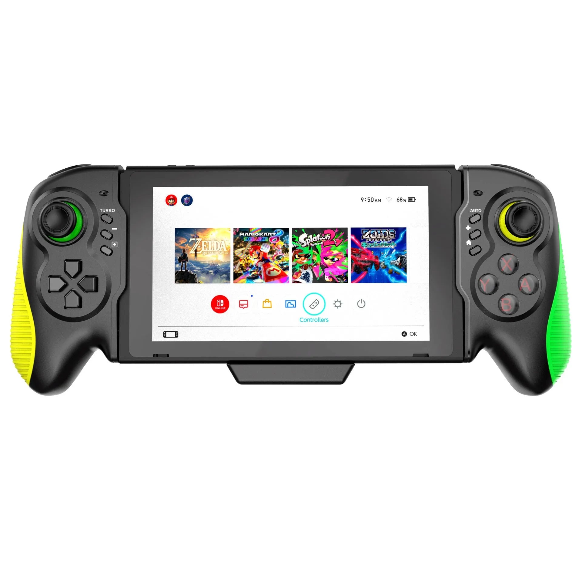 Yellow-green ABS plastic game controller with in-line grip design for Switch and PC
