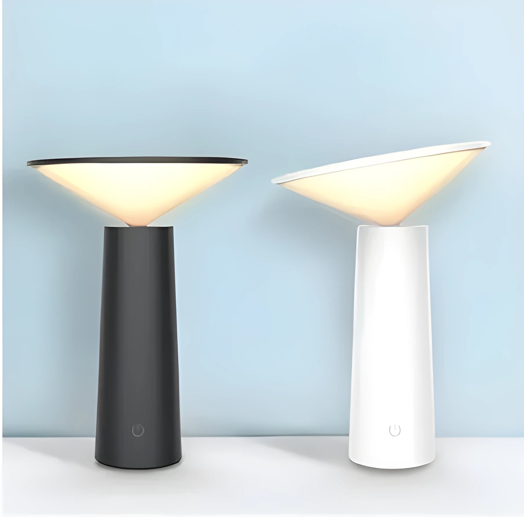 USB rechargeable table lamp with touch sensor and adjustable LED reading light in black or white