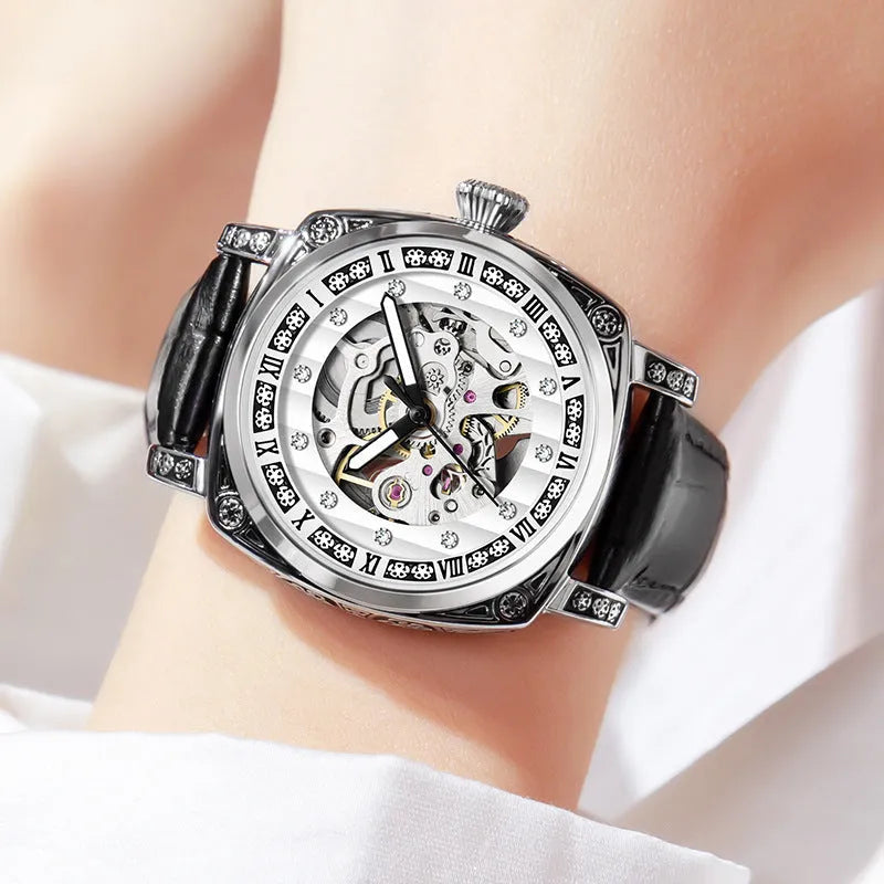 Mechanical watch with luminous hands on leather belt showing 10m waterproof rating and available colour options