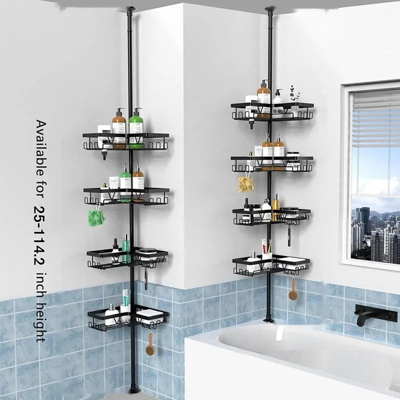 Retractable stainless steel bathroom storage rack with four layers and hole-free installation