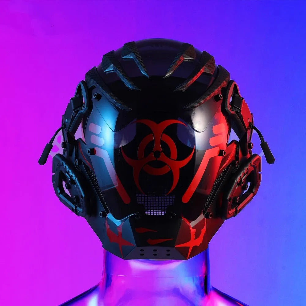 Black cyberpunk-style full face prop mask helmet model CYBER04 for cosplay and parties.