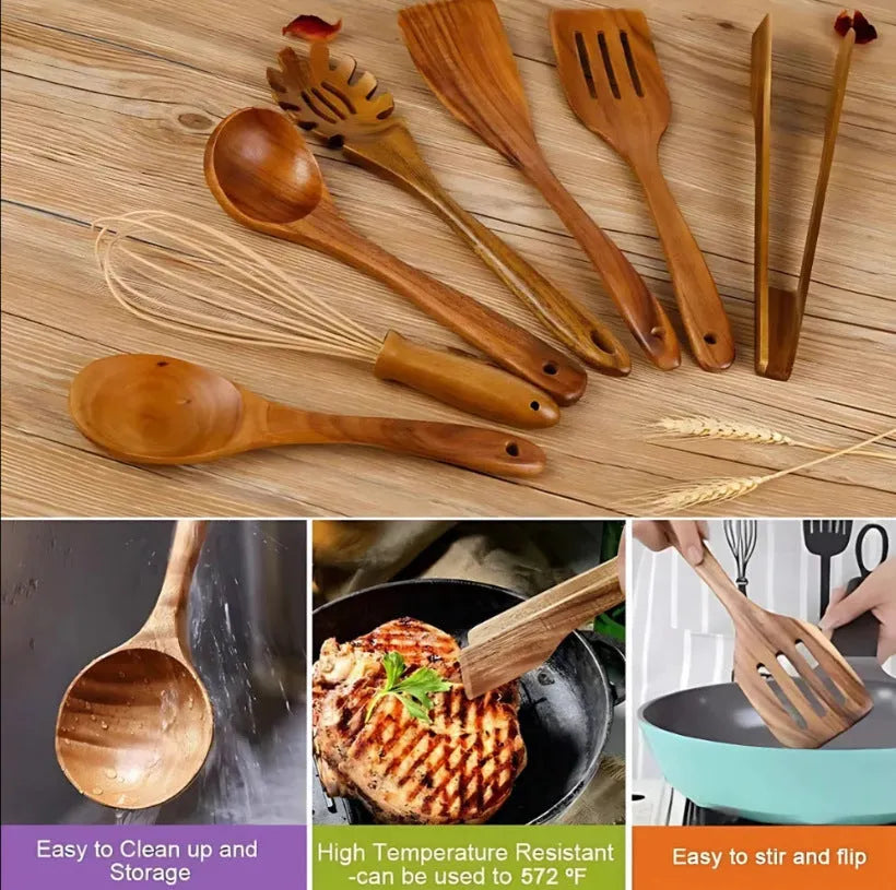 A set of seven wooden cooking utensils including spoons and spatulas on a kitchen counter.
