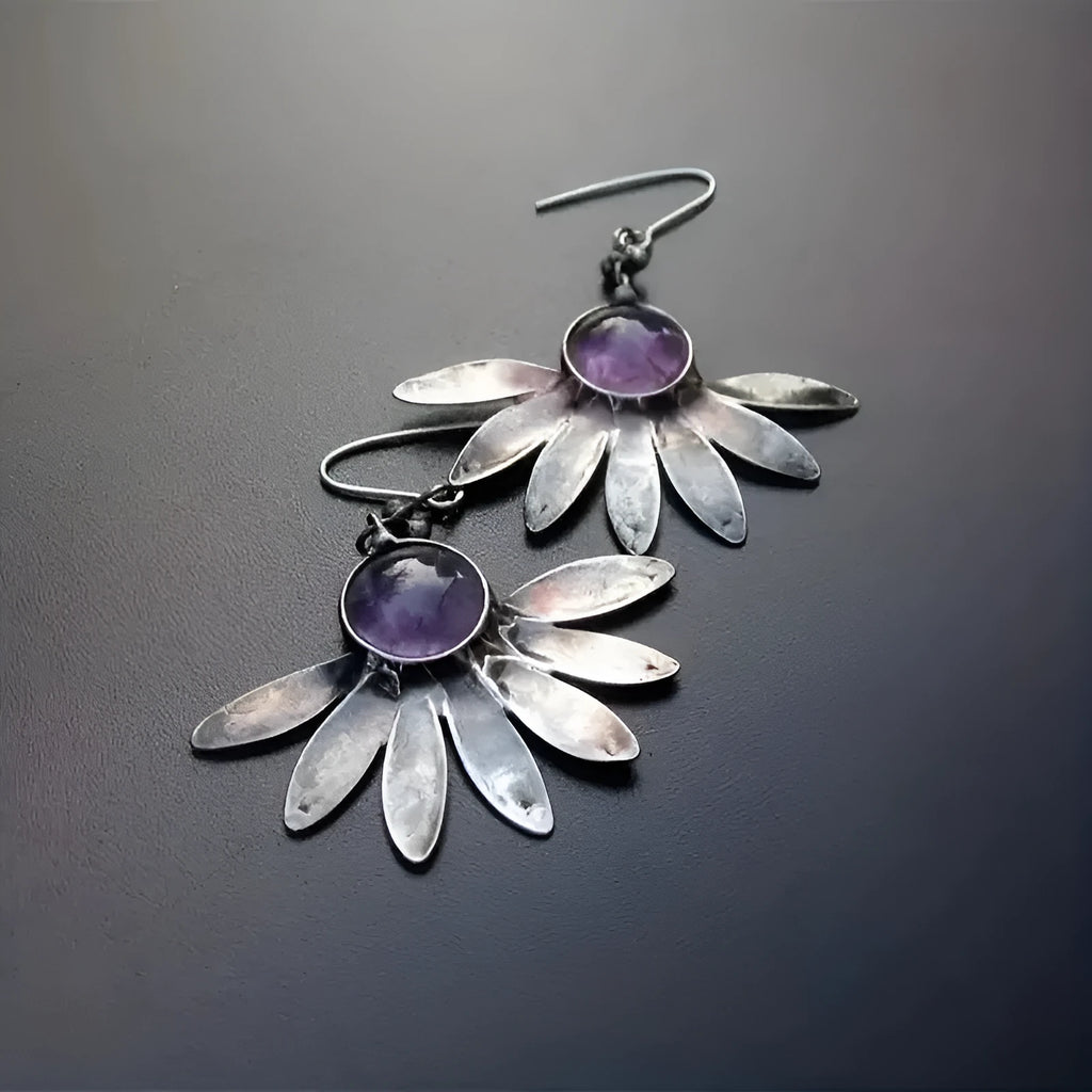 Purple bohemian earrings with animal zodiac modelling and resin gemstone accents