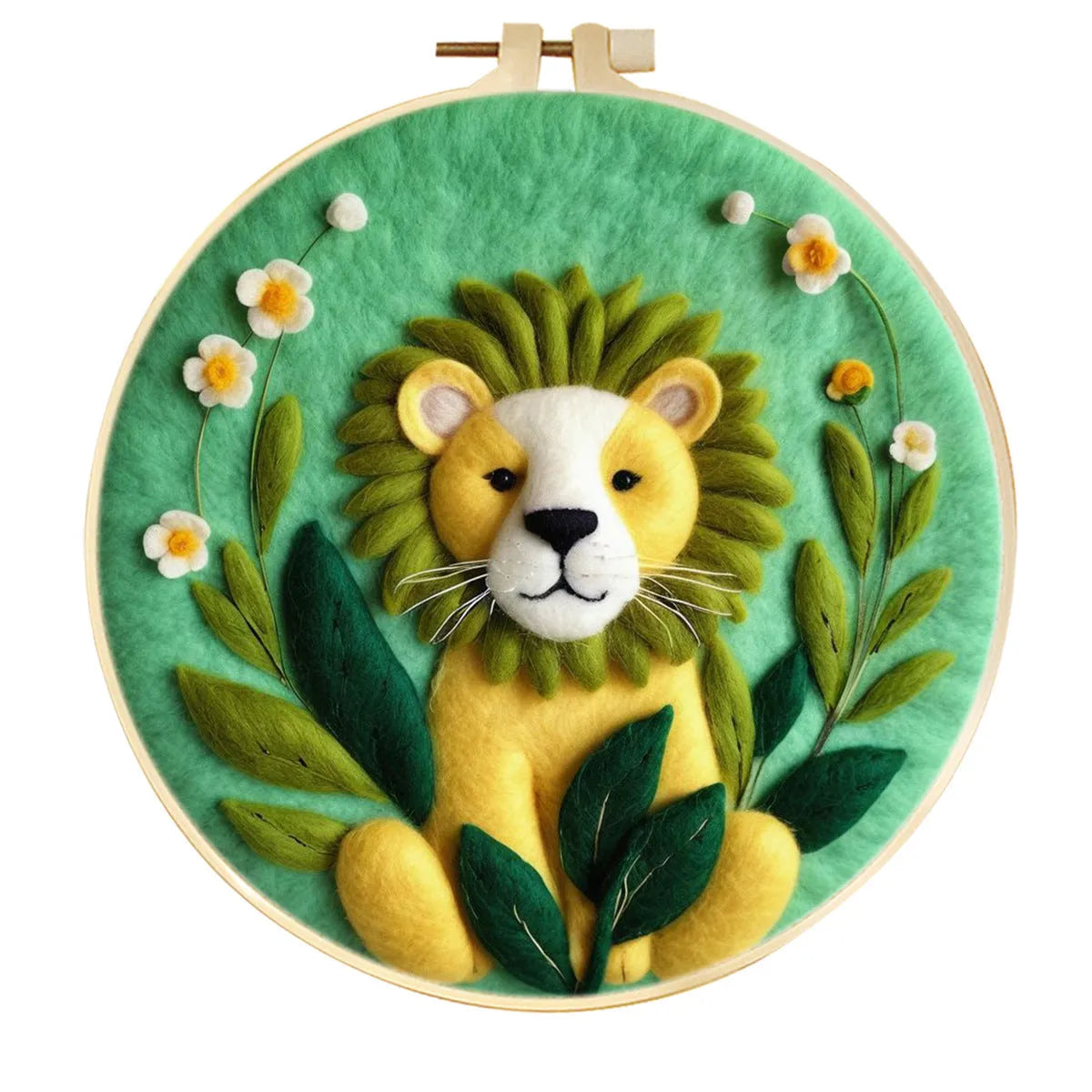 Round linen embroidery kit with wool felt materials for three-dimensional floral design