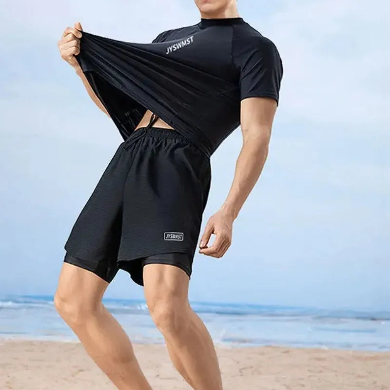 Men's polyester swimsuit set with matching top and trousers in multiple colour options