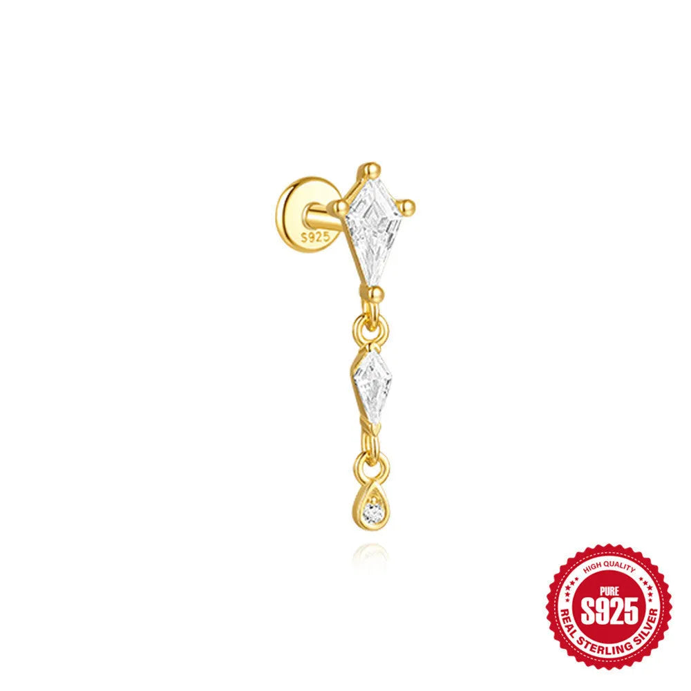 S925 sterling silver geometric kite earrings with rhinestones and chain tassel in gold tone