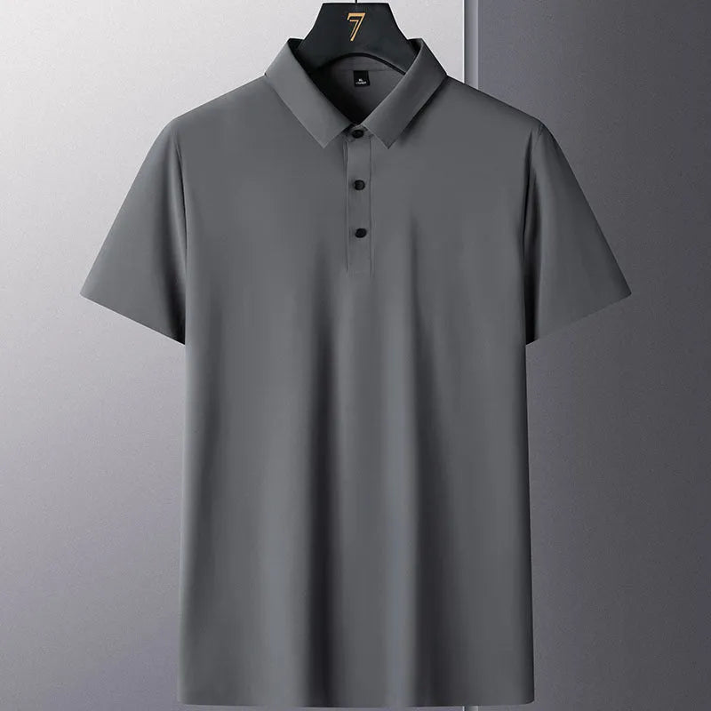 Men's solid colour non-ironing short sleeve shirt in a business casual style on a hanger.