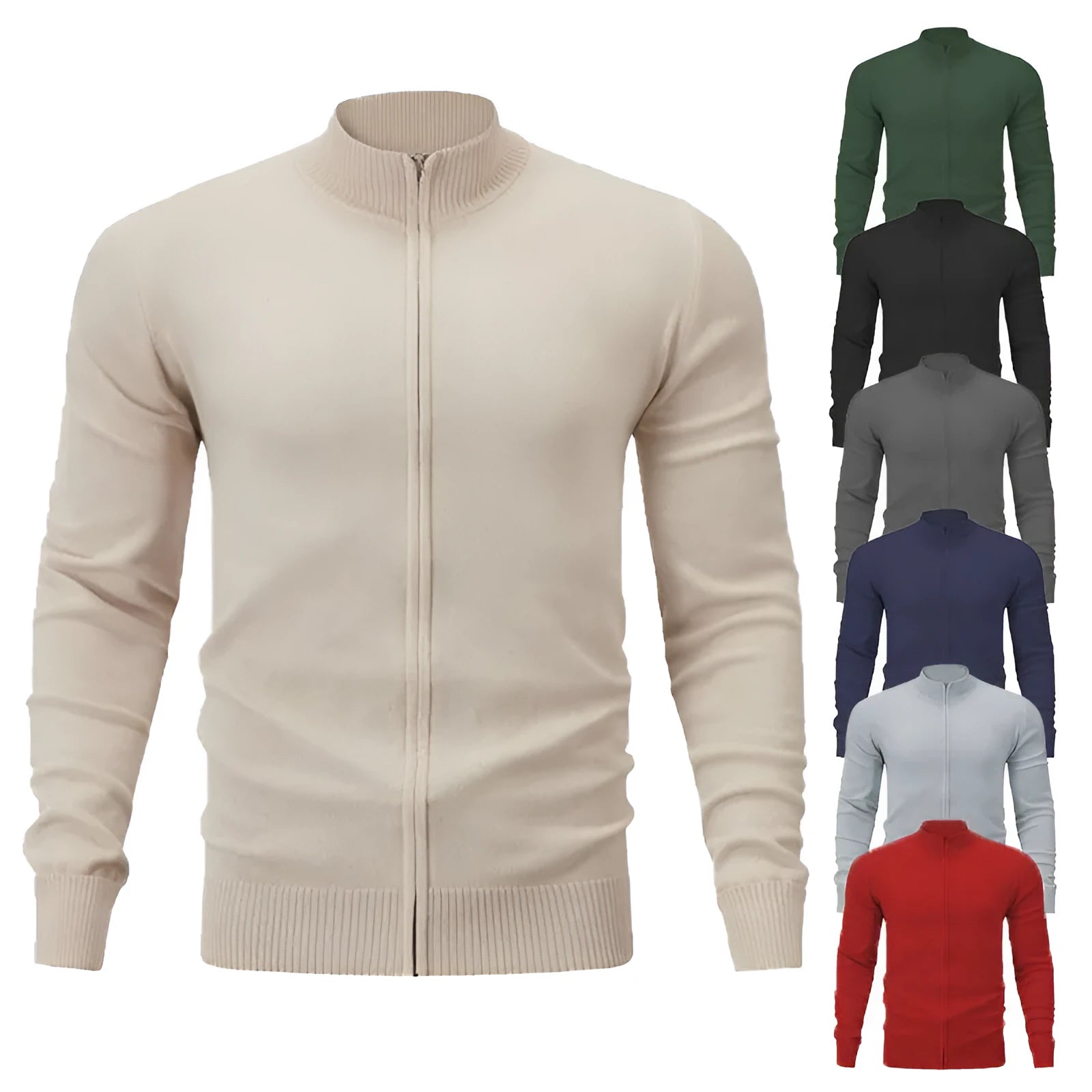 Loose fit cotton cardigan sweater with a front zip fastening, shown in apricot colour.