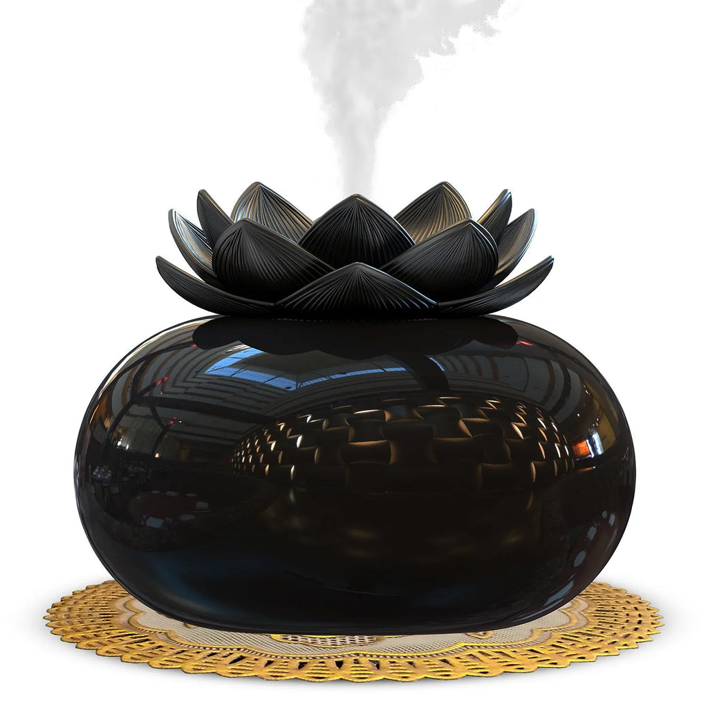 Pure black lotus-shaped USB humidifier with single fog outlet on round base