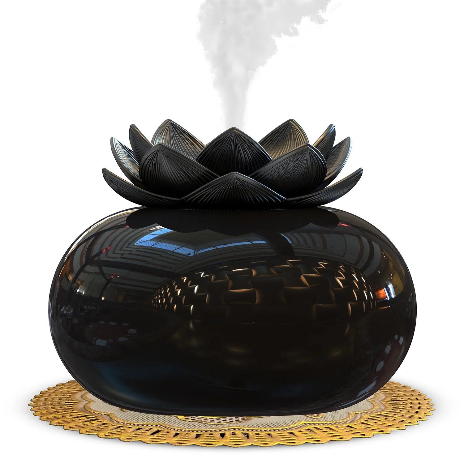 Pure black lotus-shaped USB humidifier with single fog outlet on round base