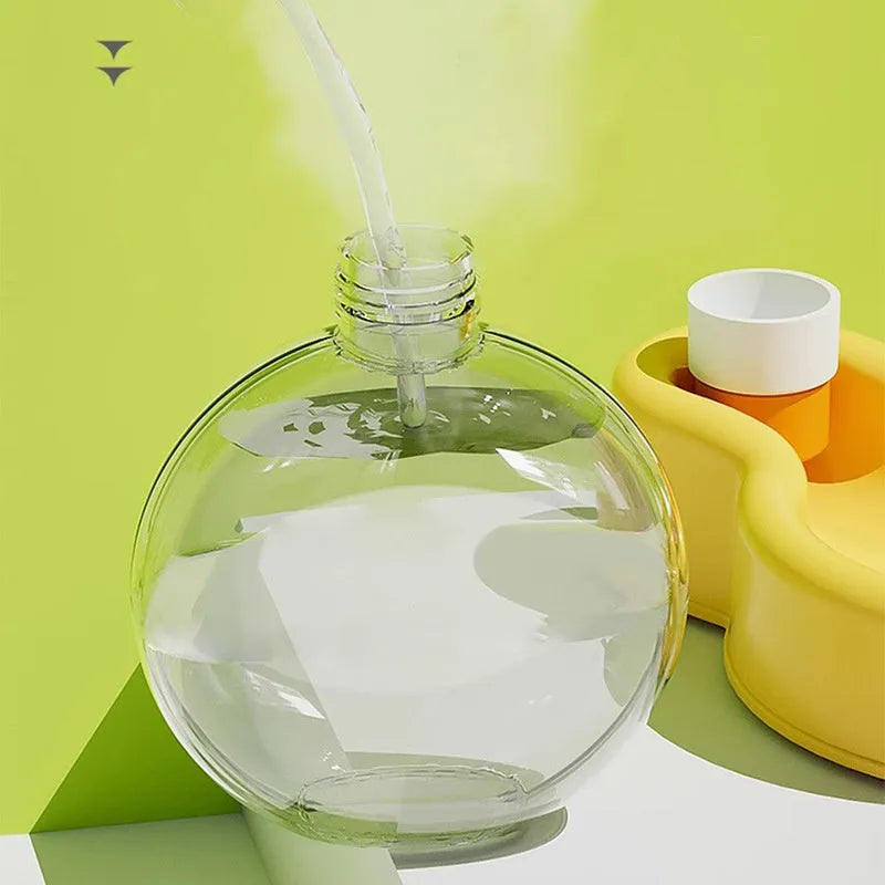 Green portable dog travel water bottle with pull-out drinking bowl, shown with size dimensions.