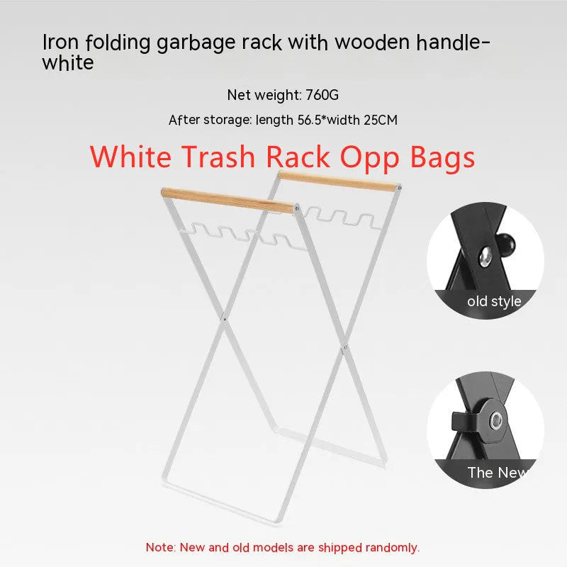 Black folding iron outdoor trash rack with a wooden handle standing upright.