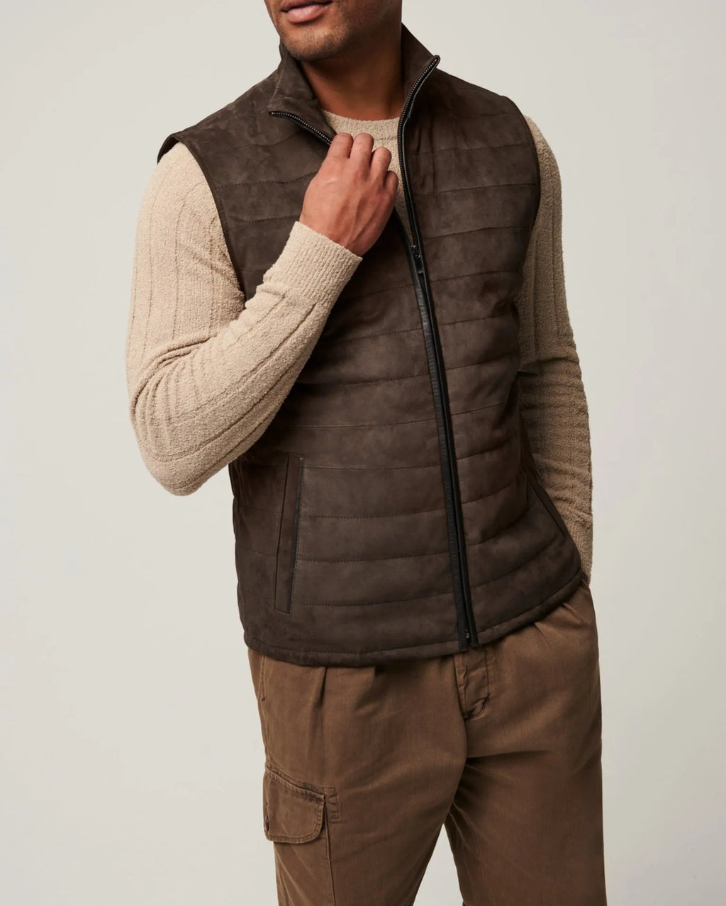 Brown leather men's horizontal vest jacket with straight hem made from polyester fiber, available in multiple sizes