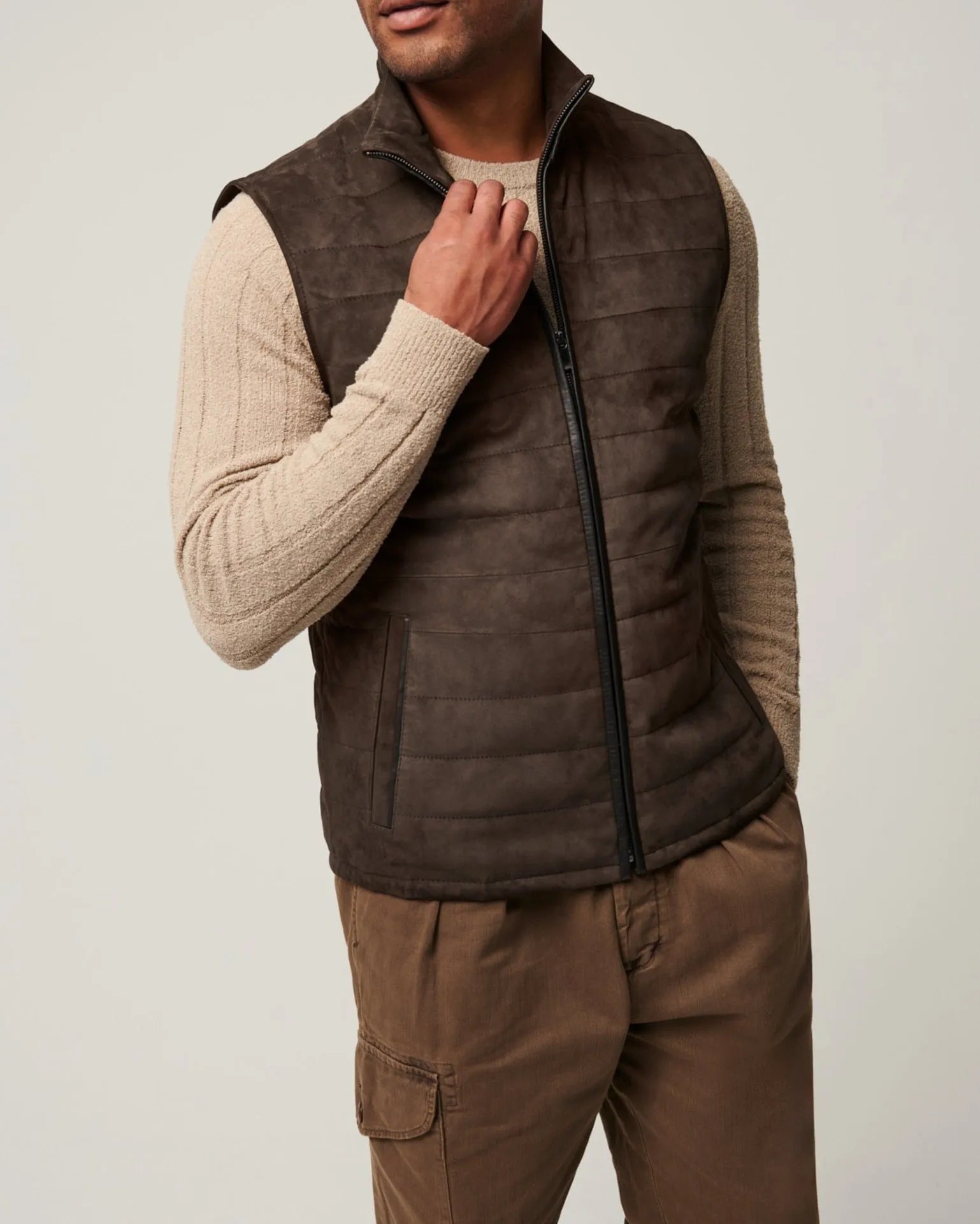 Brown leather men's horizontal vest jacket with straight hem made from polyester fiber, available in multiple sizes