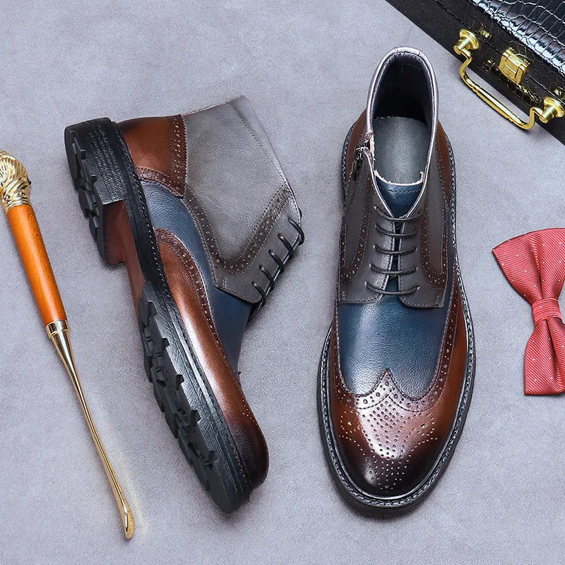 Men's coffee blue leather brogue ankle boots with vintage colour-blocking and decorative stitching.