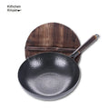Traditional black iron wok with wooden handle showing 40cm diameter and flat induction base