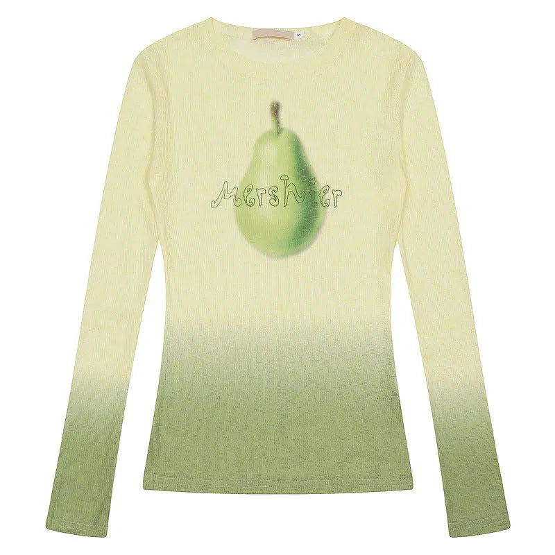Yellow green women's long sleeve T-shirt with a gradient floral print pattern.