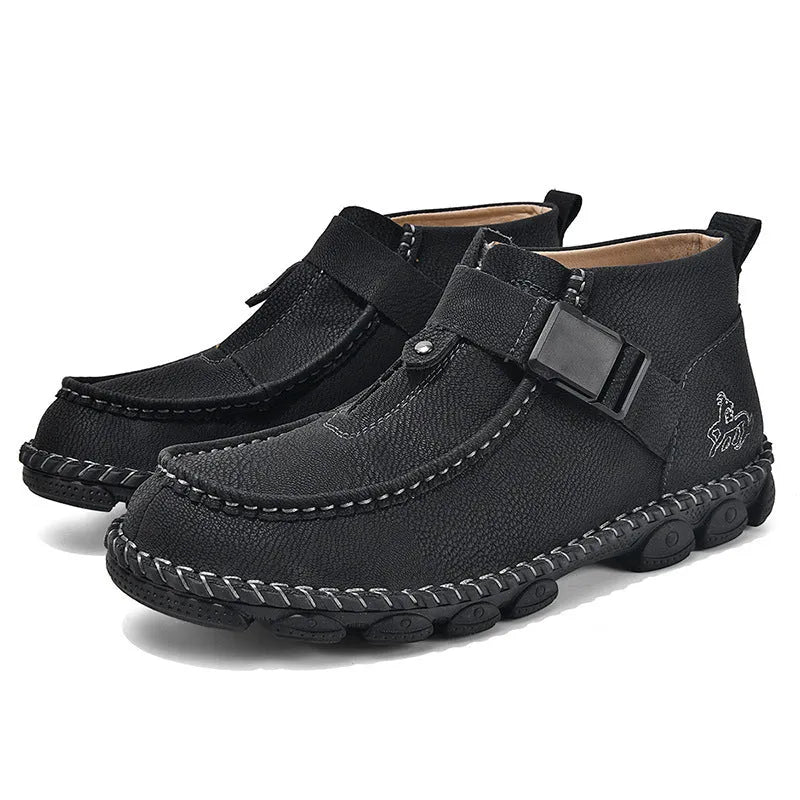 Handmade stitching casual flat bottom slip on shoes in synthetic leather available black green brown