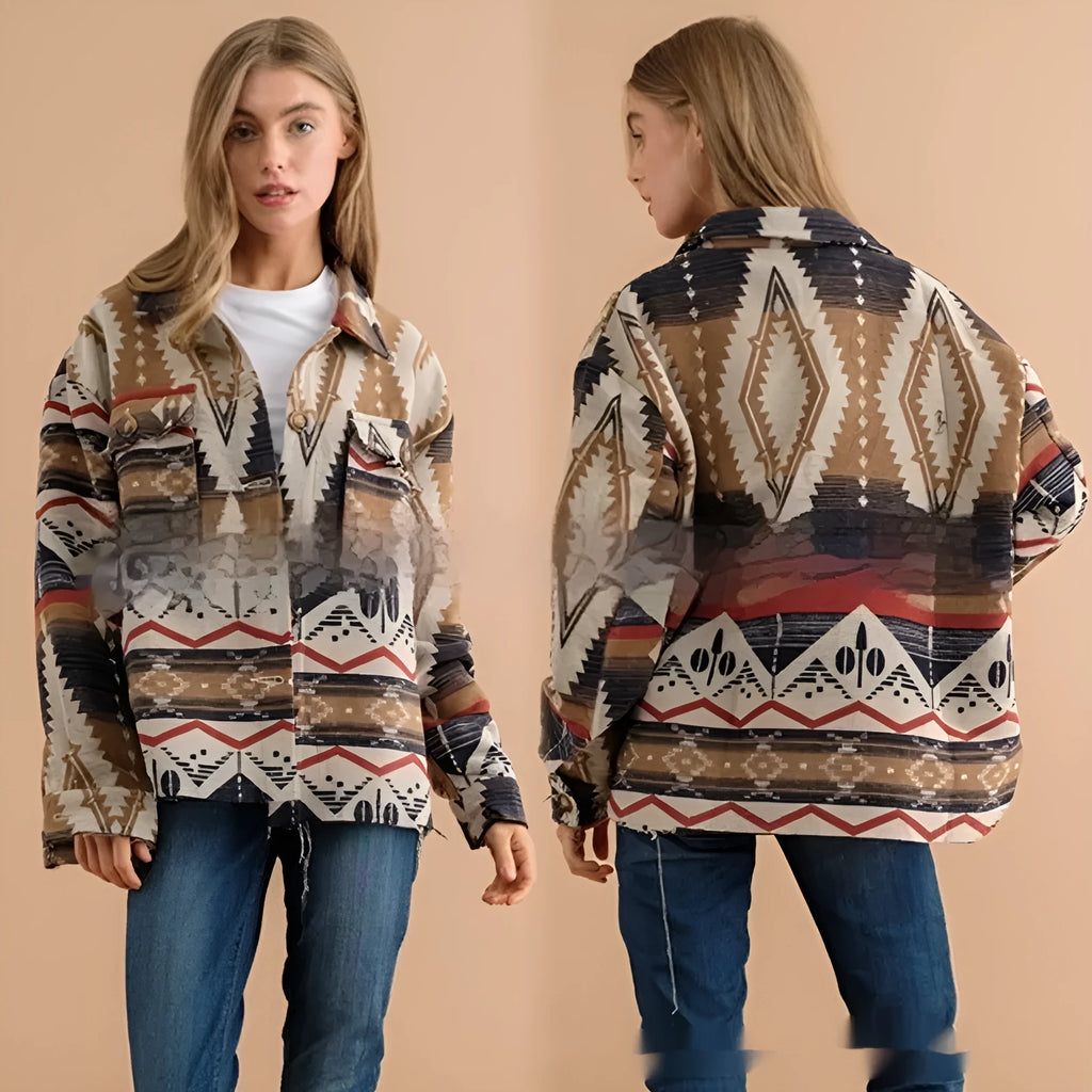 Women's loose-fit retro jacket with Aztec print in wool-blend fabric, shown in army green.