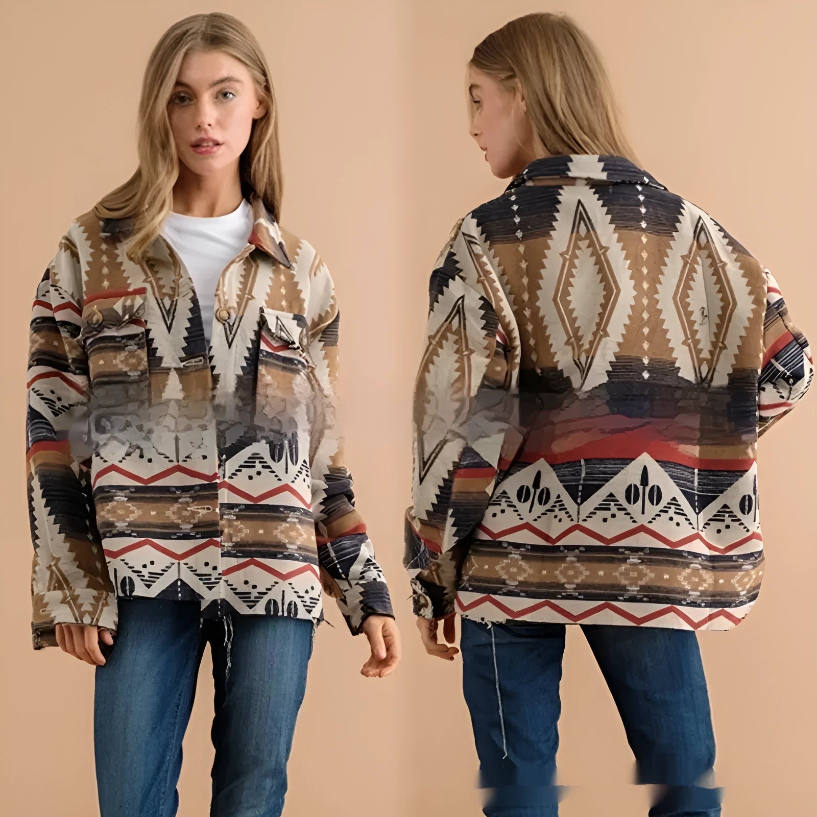Women's loose-fit retro jacket with Aztec print in wool-blend fabric, shown in army green.