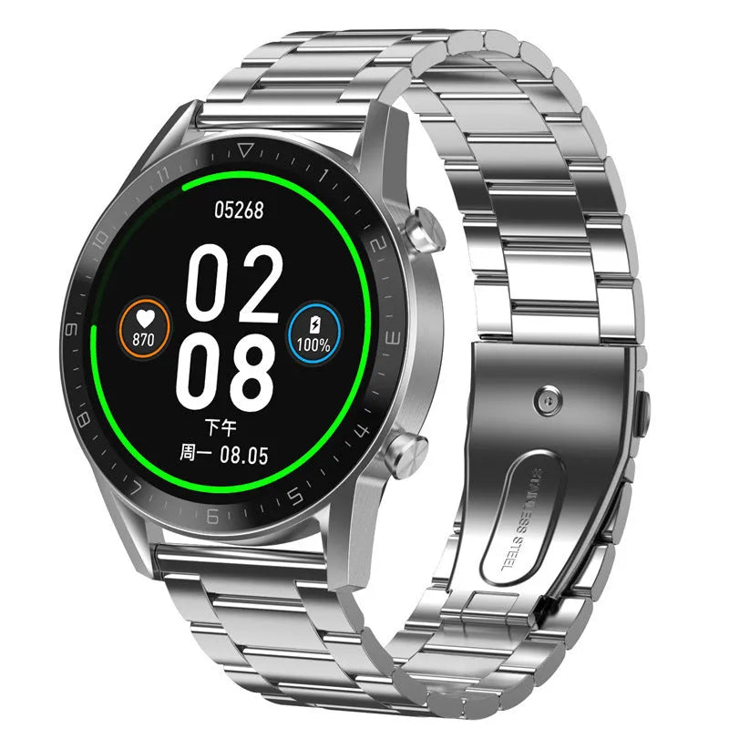 Smart sports watch with leather strap and 1.3-inch touchscreen displaying activity metrics
