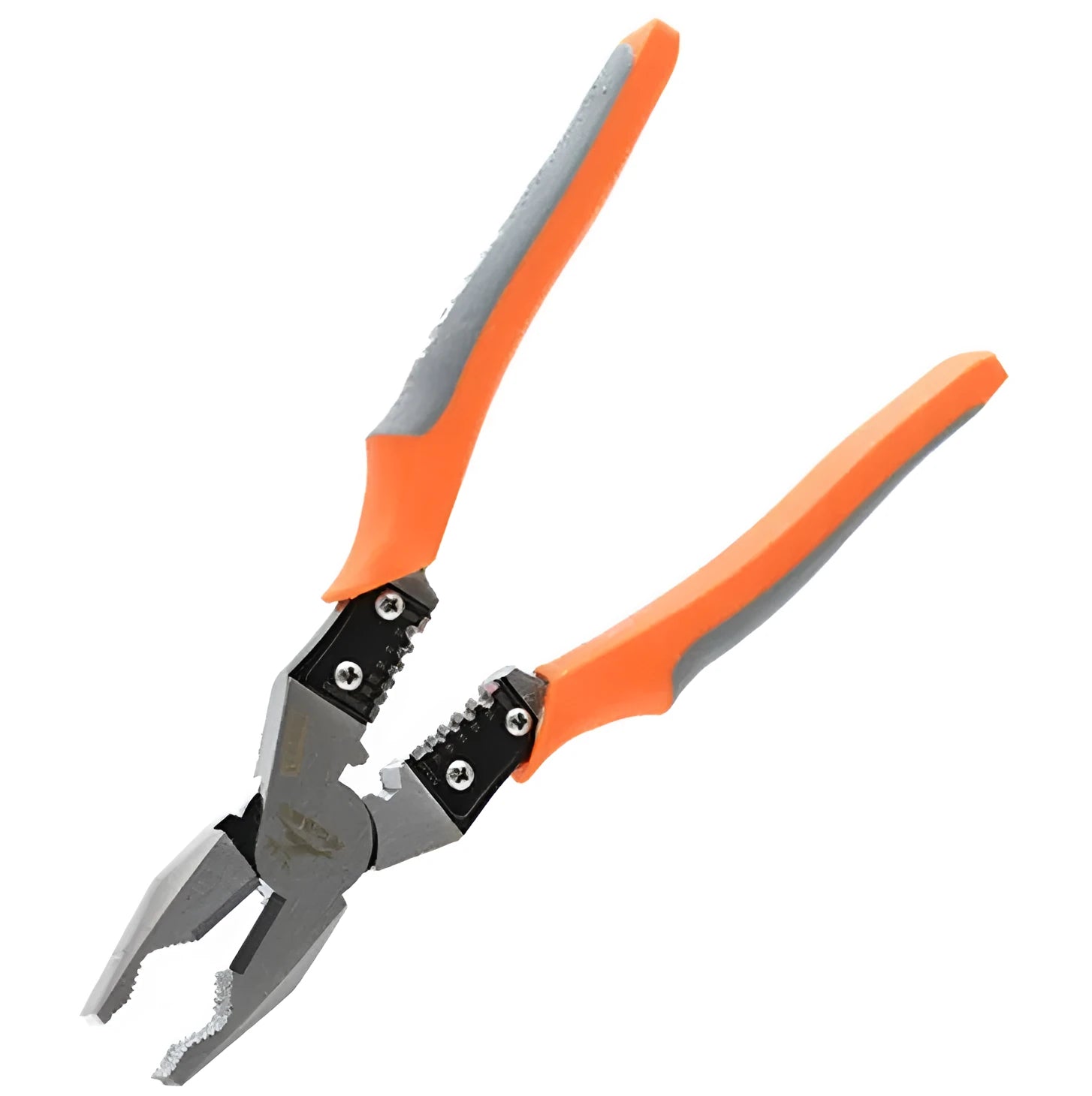 Orange-handled multi-function wire cutter pliers with alloy steel jaws for cutting and stripping wire.