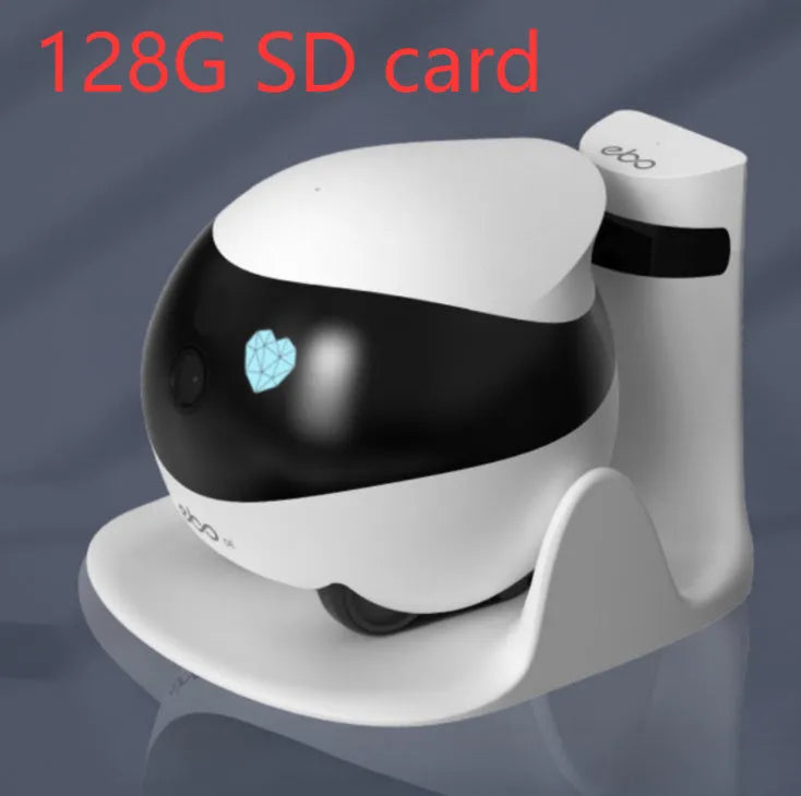 White mobile surveillance robot camera with wheels next to its automatic charging docking station