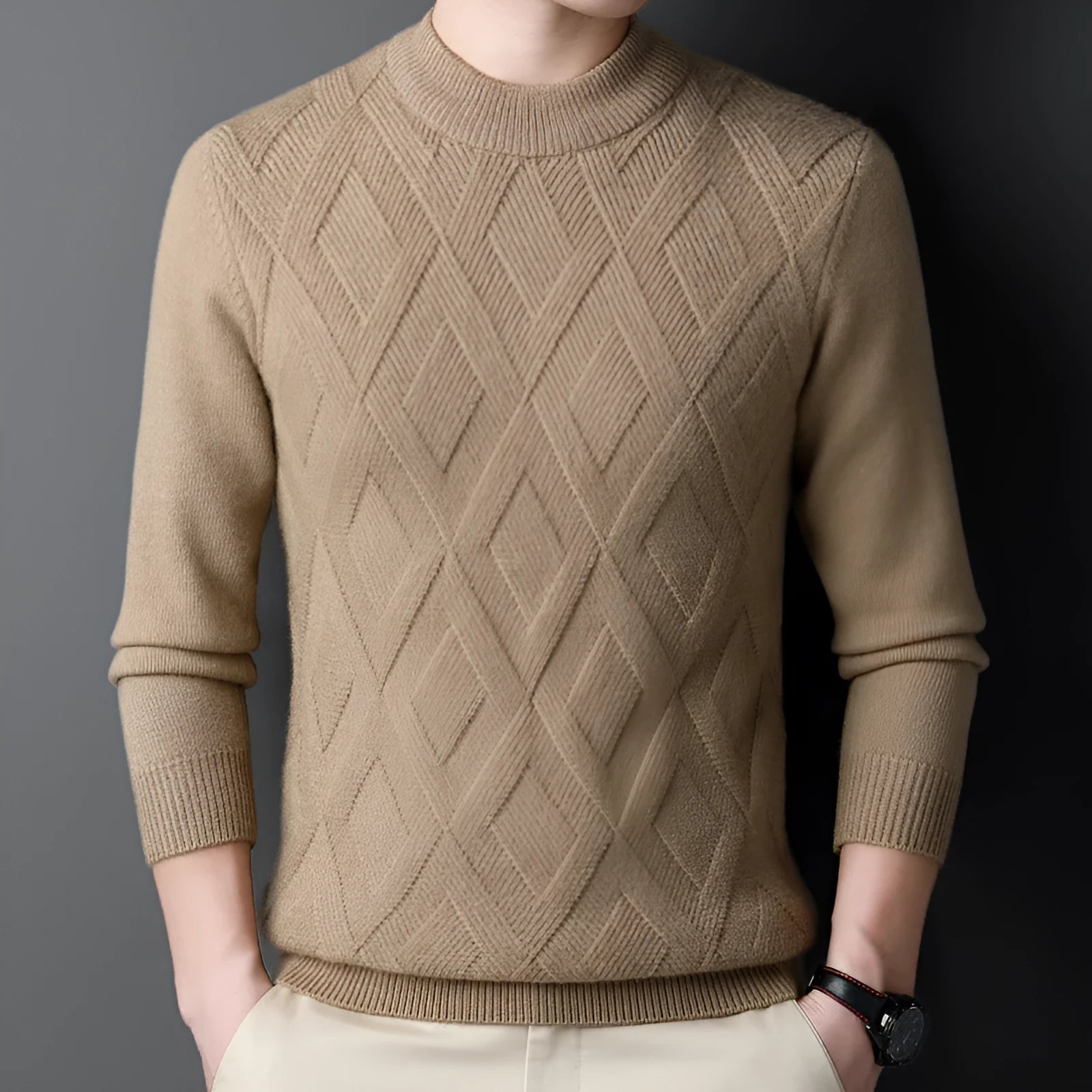 Men's thicken thermal diamond jacquard pullover sweater in light camel colour