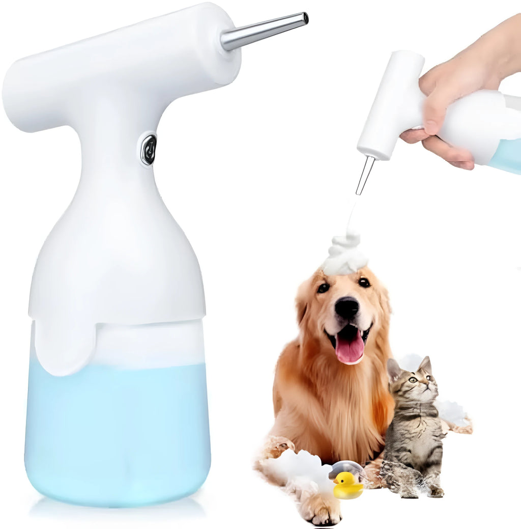 White electric foam soap dispenser for pet bathing with USB cable and two nozzles.