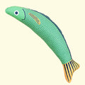 Soft plush fish-shaped cat kicker toy filled with organic catnip in green, orange, and yellow colours.