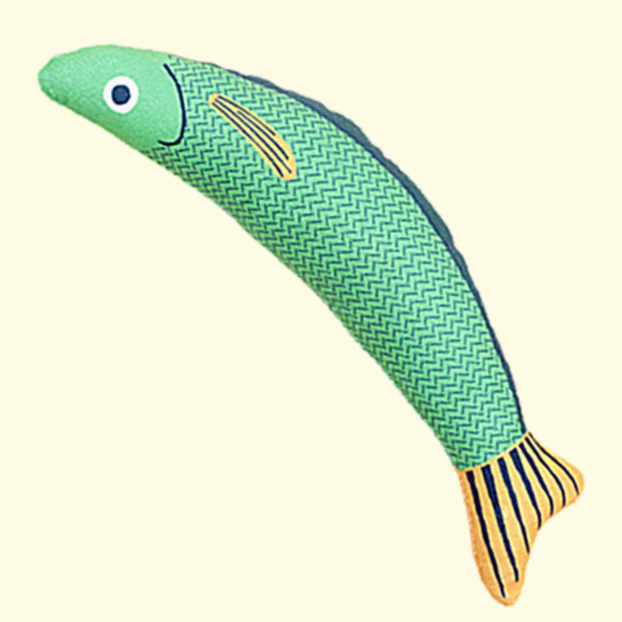 Soft plush fish-shaped cat kicker toy filled with organic catnip in green, orange, and yellow colours.