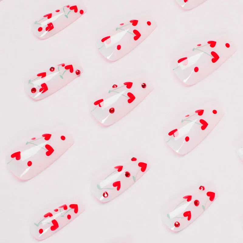 French Love red diamond and cherry design nail art stickers pack with 24 pieces and adhesive glue