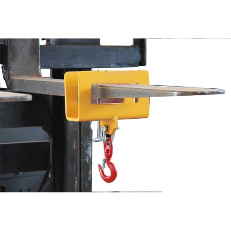 MK forklift rotatable crane hook with safety locking device mounted on forklift forks.