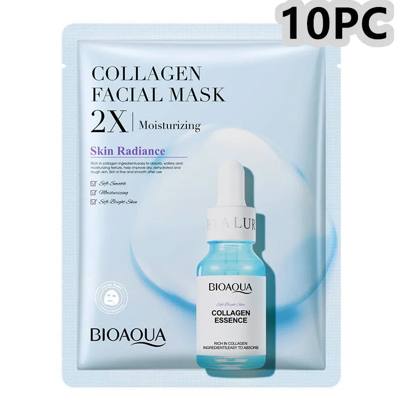 Single 30g collagen and hyaluronic acid gel sheet facial mask on a blue background.