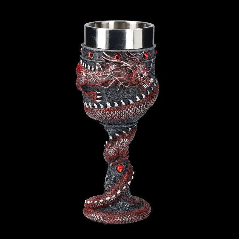 Red wine glass with 3D Chinese dragon design on resin base and stainless steel stem.