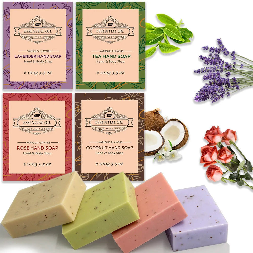 A frosted handmade essential oil soap bar in one of five scents: coconut, green tea, lavender, rose, or Four Boxes.