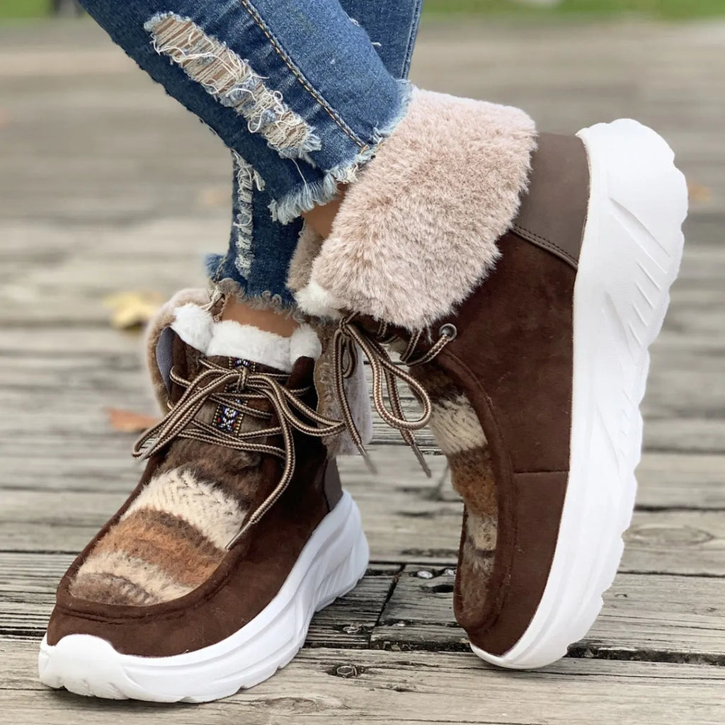 Women's beige lace-up snow boots with suede upper and thick rubber sole