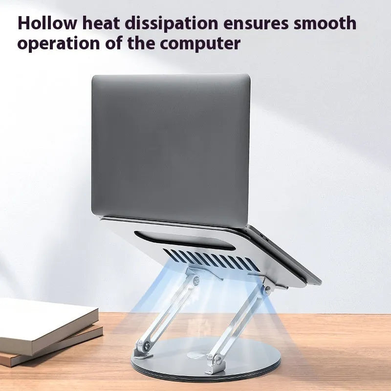 Silver aluminium laptop stand with height adjustment mechanism in folded position