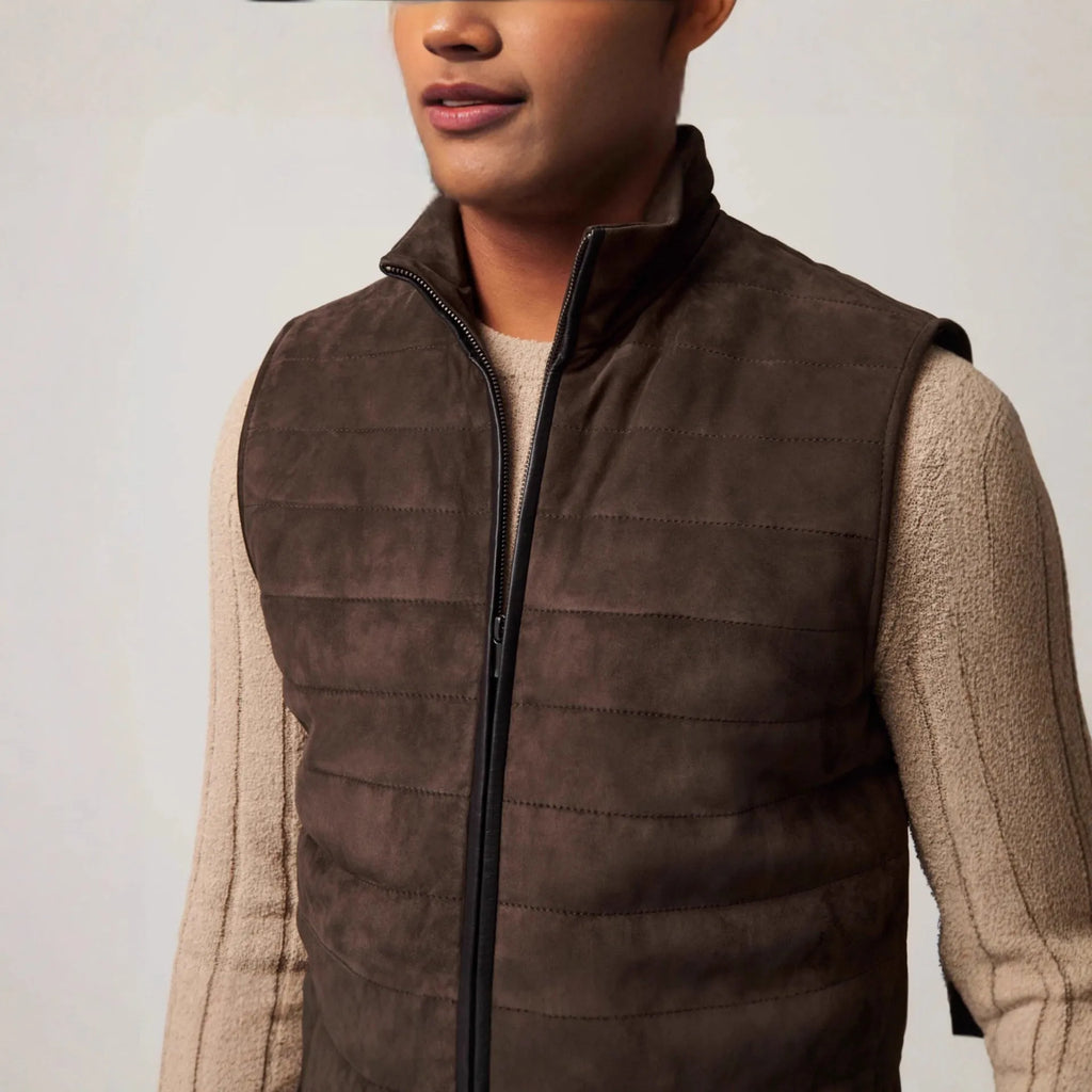 Brown leather men's horizontal vest jacket with straight hem made from polyester fiber, available in multiple sizes