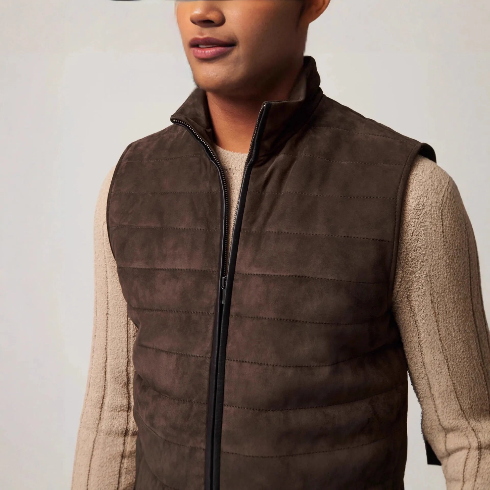 Brown leather men's horizontal vest jacket with straight hem made from polyester fiber, available in multiple sizes