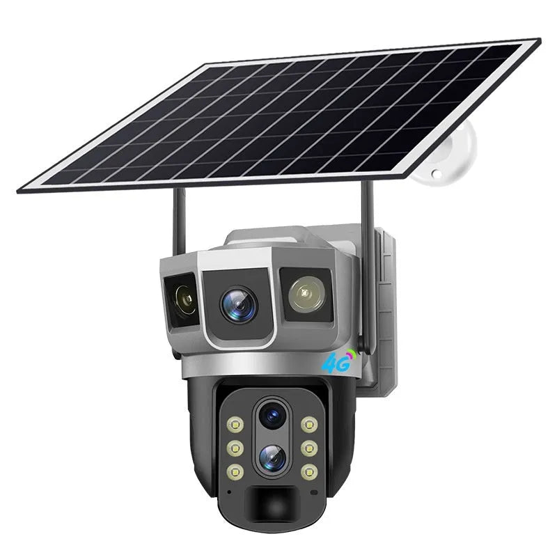 V380 outdoor 4G smart security camera with solar panel on a stand