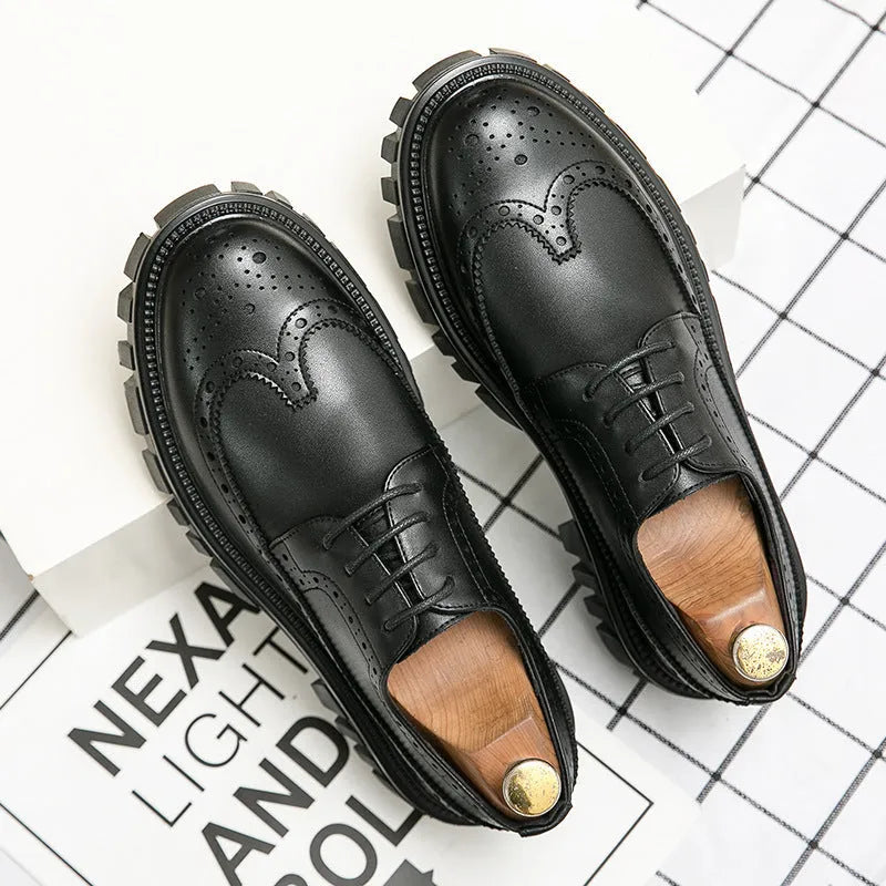 Men's black and brown brogue Oxford shoes with round toe and decorative detailing for business formal wear