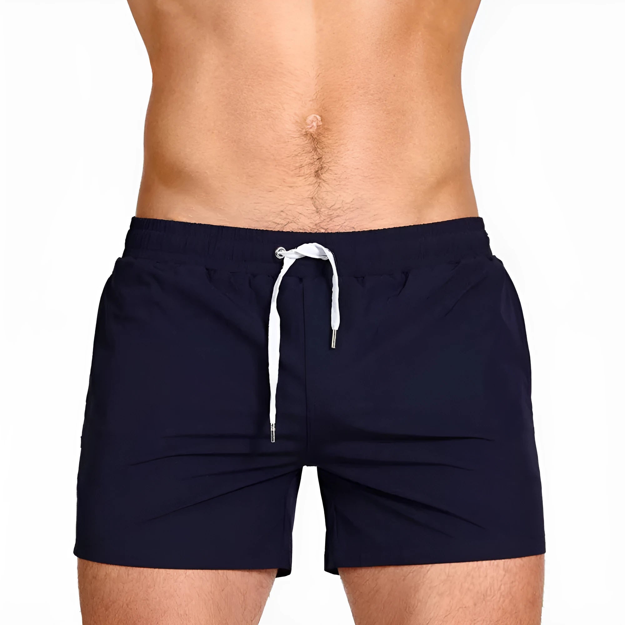 Men's solid colour polyester sports shorts with mesh lining, shown in Army Green, for swimming and fitness.